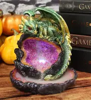 Wyrmling Dragon On Crystal Geode Rock Backflow Incense Burner Statue With LED