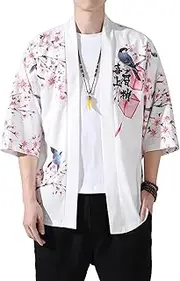 [PRIJOUHE] Men's Lightweight Kimono Jacket Seven Sleeve Open Front Cardigan Coat Japanese Style Bathrobe