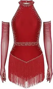 [TiaoBug] Women 2Pcs Latin Dance Outfit Halter Sleeveless Tassel Leotard Bodysuit with Gloves for Salsa Rumba