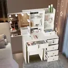 White Modern Dressing Table w/10 LED Lights Mirror Vanity Make up Desk Stool Set
