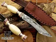 HUNTEX Custom Handmade Damascus Steel 330 mm Long Full-Tang Hunting Tanto Knife