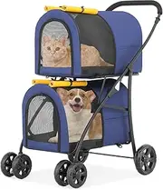 Double Pet Stroller with 2 Detachable Carrier Bag, Foldable Dog Strollers for Small Medium Dog Cat Strollers for 2 Cats with Safety Rope, Lockable Wheels, Pocket for Travel, Yellow
