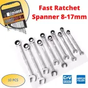10Pc Ratchet Spanner Set Metric Combination Open End Gear Socket Wrenches CR-V