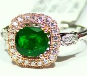 1.73CT 18K Gold Natural Cut Emerald White Diamond Vintage Halo Engagement Ring