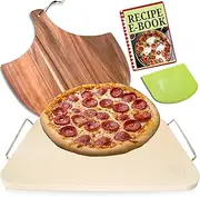 Pizza Stones for Oven - Pizza Stone for Grill with Handles, Wooden Peel and Dough Cutter - 15 inch x 12 inch Grilling Stones - Baking Stone for Bread - Pizza Making Set