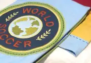 Pottery Barn Kids World Soccer Table Runner 17x 70 Blue Green Red Yellow Sports