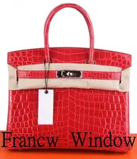 在飛比找Yahoo!奇摩拍賣優惠-France Window 愛馬仕柏金包杜鵑紅色 亮面兩點鱷