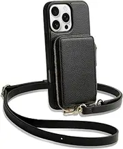 ZVE for iPhone 16 Pro Max Wallet Case, Zipper Crossbody Case with Wrist Strap Card Holder Protective Cover for Women for iPhone 16 Pro Max 6.9" Black