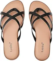 [Luoika] Women's Wide Width Slide Sandals - Slip On Flat Cross Strap Casual Summer Shoes.