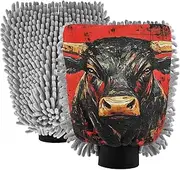 XYMZR Bull Red Black Absorbent Microfiber Car Wash Mitt, Funny Cute Anime Scratch Free for Cars Cleaning, Home Cleaning Mitts, 2 Pack, 10.24” L x 7.09” W
