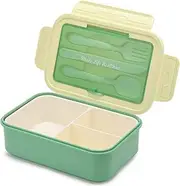 Bento Box for Kids and Adults, 3 Compartment Lunch Box 1100 ML Food Storage Container with Fork, Spoon and Knife, BPA Free, Microwave, Dishwasher Freezer Safe - Green