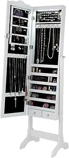 Giantex Jewelry Armoire Cabinet Organizer with Cheval Mirror, Lockable with Key 14 Auto-on LED Lights Full Length Mirrored Bedroom Cabinets, Floor Standing Jewelry Armoires Box with 2 Drawers, White