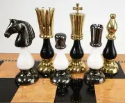 LARGE Brass Metal Gold Black 2 Tone Spiked Queen Staunton Chess Men Set NO Board