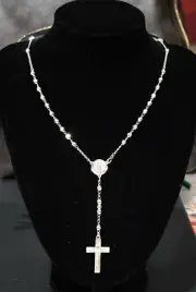 23" Solid Rosary with cross Chain, Necklace Real 925 Sterling Silver Dimon cuts