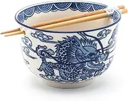 Happy Sales HSRB-LGDRGB, Multi Purpose 6.25" D Large Ramen Udon Soba Pho Noodle Donburi Rice Tayo Bowl with Chopsticks, Royal Dragon