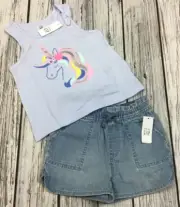 Baby Gap Girls 4 / 4T Unicorn Shirt & Light Wash Denim Shorts Outfit. Nwt
