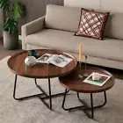 Round Nesting Side Coffee Table Set Antique Wood Finish Urban Industrial Style