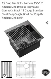 Lordear 15"×15" Gun Metal 16 Guage Stainless Steel Single Bowl Drop In Bar Sink