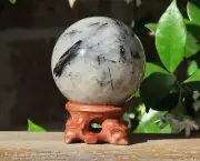 Black Tourmaline in Quartz Crystal Sphere With Wooden Display Stand 376 Grams