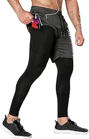 [OEBLD] Compression Pants Men 2 in 1 Running Pants Workout Pants for Men Gym Tights with Towel Loop