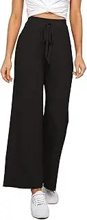 [Waitfairy] Womens Solid Rib Knit Wide Leg Pants Elastic Waist Flowy Sweater Pants