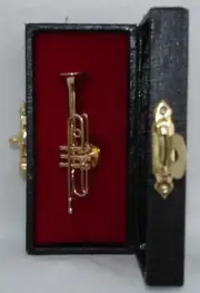 Trumpet brass gold plated handmade collectible miniature tie tag pin 1.9" w/case