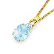 9ct Gold Sky Blue Topaz & Diamond Oval Cut Chequered Pendant