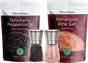 Viva Doria Grinder Set: Tellicherry Peppercorn, 12oz + Himalayan Pink Salt, 2lb