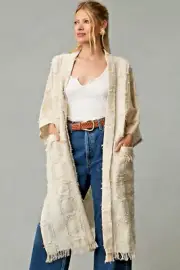 ANTHROPOLOGIE FRINGED KIMONO CARDIGAN JACKET RAW COTTON IVORY SILVER THREAD OSFA