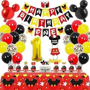 1st Mickey Mouse Birthday Party Decorations 57Pcs - Happy Birthday Banner "ONE"Banner Red/Yellow/Black/Confetti Balloons Number "1" Foil Balloon Mickey Mouse Balloons Hat Door Sign Cupcake Toppers Cake Topper Birthday Decorations for Boys Girls Kids Babies
