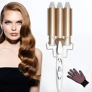 Hair Curler, 3 Barrel Large Hair Curling Iron Tong, High and Low Temperature Control Curling Tool Set, Quick Heating Ceramic Curling Wand with Heat Resistant Glove for Long Short Hair Women Waver