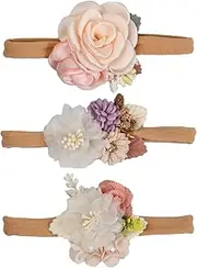 Pack of 3 Baby Headbands, Nylon Headband, Baby Girl, Elastic Flowers Headband for Newborns, Soft Floral Headband for Children Parties, Family Photos