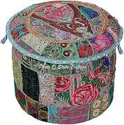 Stylo Culture Ethnic 18" Cotton Patchwork Embroidered Fabric Pouffe Ottoman Stool Pouf Cover Green Floral Bean Bag Round Footstool Floor Cushion Cover Indian Decor