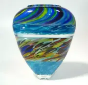 HAND BLOWN GLASS ART VASE, DIRWOOD, INCALMO BLUE AQUAMARINE GREEN, n3600