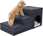PADFURN Dog Stairs With Pet Bed, Foldable 3 Step With Storage Boxes, Ramp for High Beds, Cat House, Safety Ladder (Blue)