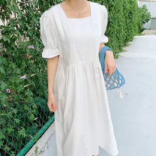 【ACheter】 ins慵懶風復古韓版寬鬆純色方領喇叭五分袖長版棉麻連身裙洋裝# 116534 FREE 白色