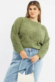 Green Knit Jumper Long Sleeve Crew Neck Chenille