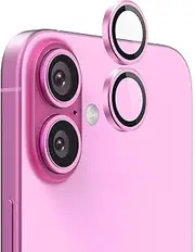 FLOLAB NanoArmour for iPhone 16 / iPhone 16 Plus Camera Lens Protector Durable, Tempered Glass Camera Cover, Aluminum Camera Ring, Anti Reflective TruColors Ultra Clear, and Easy to Install - Pink