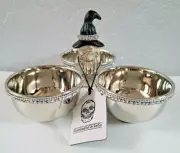 Halloween Gnome Wearing Witch Hat Serve Silver Metal Bowls Condiment Snack NWT