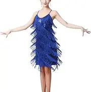[yuksok] Women Sequin Tassel Dress V Neck Flapper Dress for Rumba Ballroom Party, Blue, M
