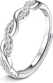 [Sanfenly] Adjustable 925 Sterling Silver Ring for Women Eternity Cubic Zirconia Crossover Ring Engagement Ring Wedding Promise Ring Adjustable Thumb Ring for Women Girls Anniversary Jewellery Gifts