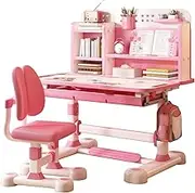 clinmday Kids Study Desk and Chair Set,2Pcs/Set Height Adjustable Liftable Ergonomic Design Study Table Chair Set,Bookstand Pull-Out and Partition Drawers,Boys & Girls for Ages 3-18 Pink
