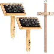Rtteri 2 Pcs Wooden Wool Carder with Drop Spindle Hand Carders Spinning Slicker Brush Wool Brush Needle Felting Tools for Yarn Weaving Blending Roving Craft Project Kit Supplies