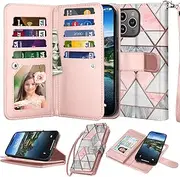 Njjex Wallet Case For iPhone 15 Pro Max 6.8" 2023, For iPhone 15 Pro Max Case, [9 Card Slots] PU Leather ID Credit Holder Folio Flip [Detachable] Kickstand Magnetic Phone Cover & Lanyard [Marble Pink]