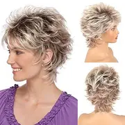 Short Blonde Pixie Cut Wigs with Bangs for White Women,Brown Ombre Blonde Wig Synthetic Wavy Curly Hair Wigs Mixed Brown Wigs Layered Natural Fluffy Heat Resis