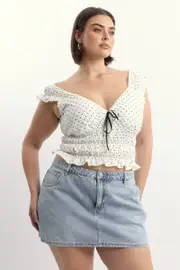 White Polka Dot Crop Top Short Sleeve Ruched Bust