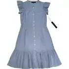 Central Park West Eyelet Dress Ruffle Sleeve Button Front Light Blue S