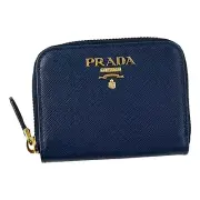 Prada Womens Zippy Coin Purse Wallet Saffiano Leather Bluette Blue Gold Logo NEW