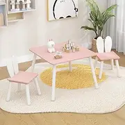 HONEY JOY Kids Table and 2 Chairs Set, 3 Pieces Wooden Square Play Table & 2 Cute Rabbit Chairs, Solid Wood Legs & Space-Saving Structure, Children’s Furniture Set for Arts, Crafts, Snack Time (Pink)