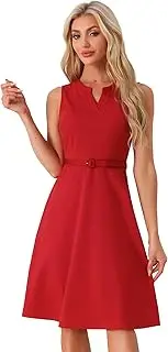 [Allegra K] Work Office Dress for Women's Belted V Neck Sleeveless Dress